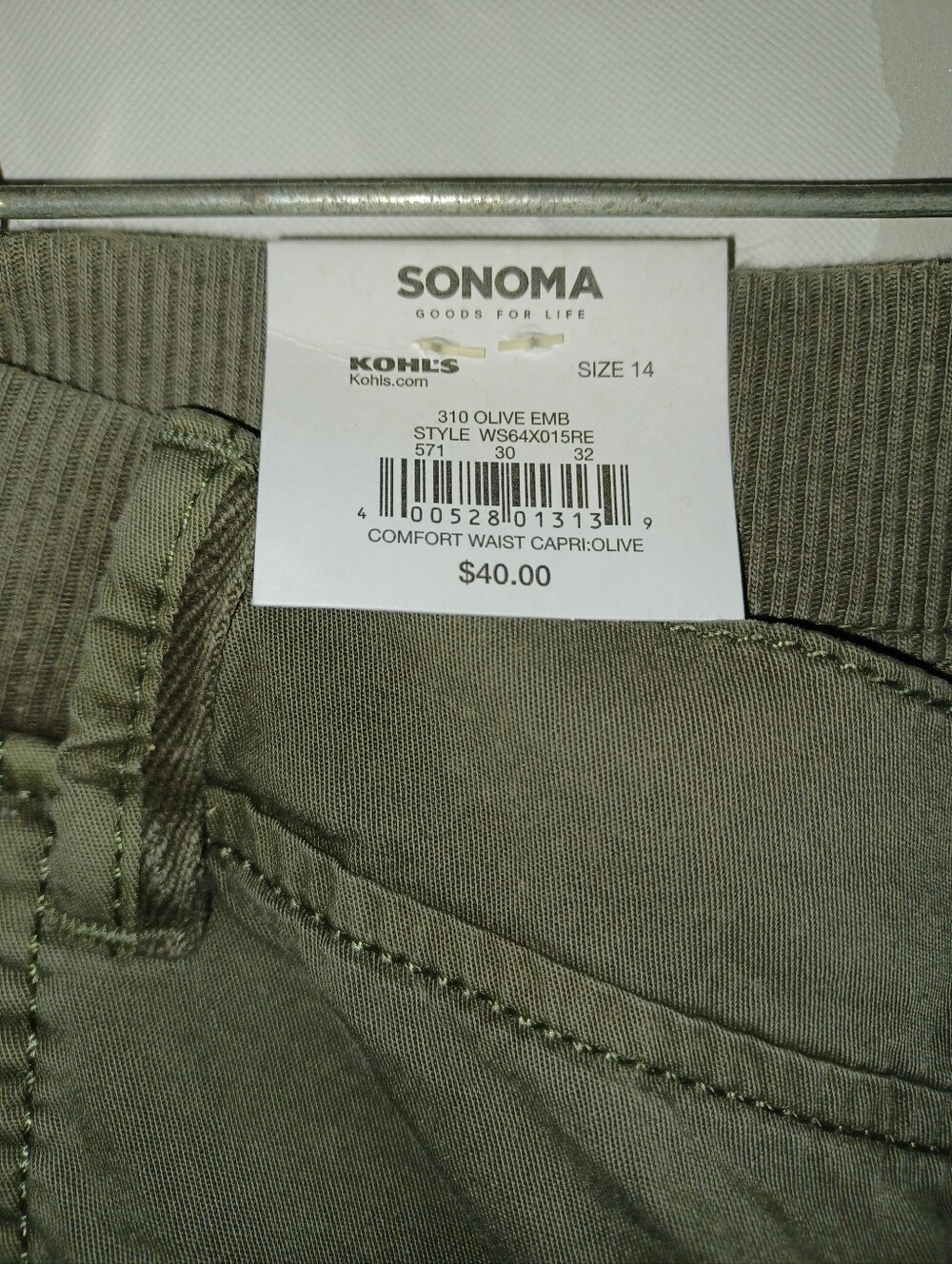 NWT New Gorgeous Sonoma Size 14 Olive Capris With Embroidered Floral Design - Picture 9 of 10